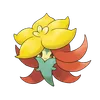 A plant Pokémon with a green bottom, yellow hat-like flower and red hair-like grass.