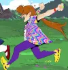 A halfling with long brown hair wearing stretch stirrup pants and a unicorn t-shirt.