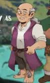 Avvery tall halfling wearing a purple vest with a rim of grey hair around the back of his head, tied in a ponytail. 