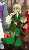 A platinum-haired elf in a long green cloak with leather boots and a sheathed sword in a leather scabbard.
