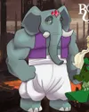 A buff loxodon with red gems on his forehead wearing a purple vest and white, flowing pants.