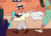 A gnome wearing a white button-down, slacks and big glasses the color of tea.