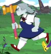 A gray-skinned dwarf weilding a hammer and wearing a blue overall dress.