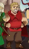 A stout man in a red shirt and cape, brown pants, and brown boots.