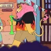 A humanoid lion with a pink mane and a black button-up with flames on it