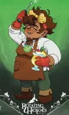 A gnome wearing a brown apron, goggles, and red gloves holding a beverage and a screwdriver.