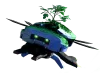 A bug-shaped spaceship with a tree growing out of its back.